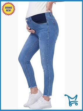Maternity Skinny Jeans High Waisted Stretchy Ripped Denim Raw Hem